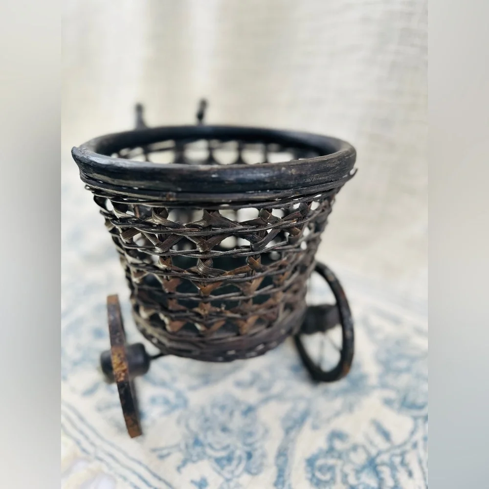 Vintage Metal & Wood Tricycle Bicycle Plant Stand Planter w Wicker Basket